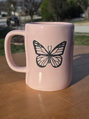 Pink Rae Dunn SURVIVOR w/ Butterfly 3D Double Sides coffee mug RARE