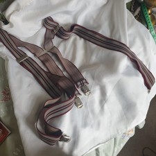 Vtg 70s 80s Braces Grey Burgundy Stripe Elasticated Silvertone Metal Retro