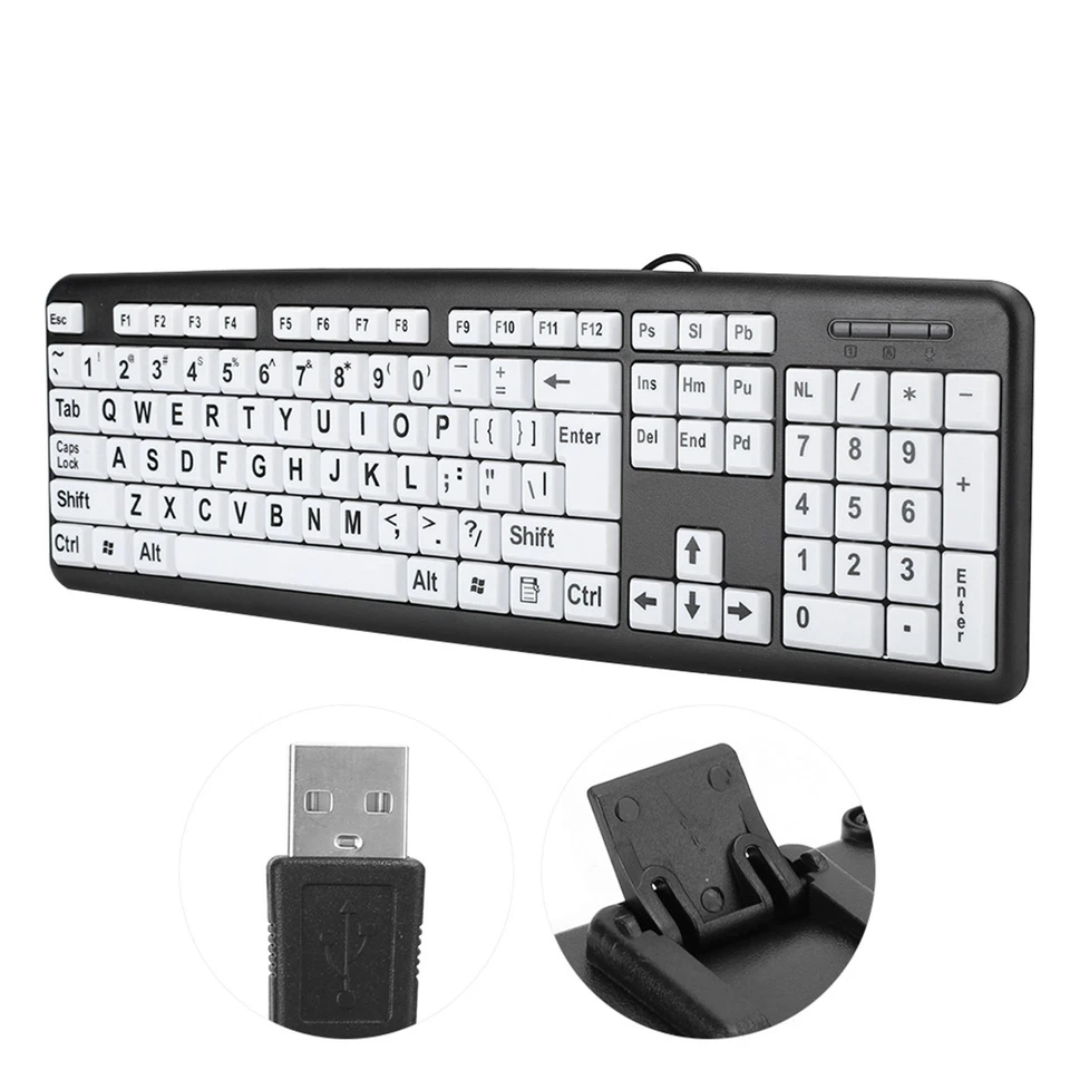 Black Low Keyboard USB Wired Old People Keyboard With White Large Print - Image 3 of 4