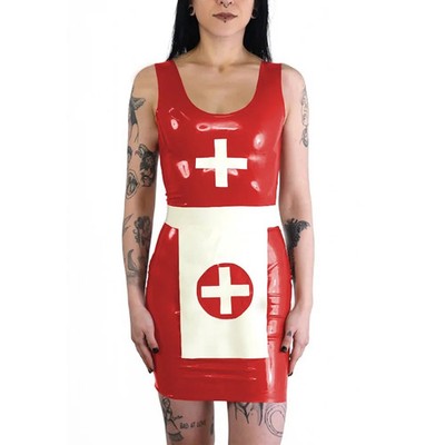 Nun Cosplay Dress with Apron Dresser PVC Shiny Leather Sleeveless Mini Dress