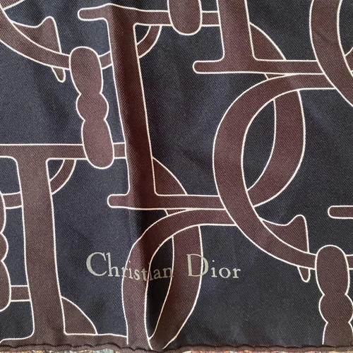Authentique foulard en soie motif logo noir marron foncé Christian Dior 84 x 88 cm