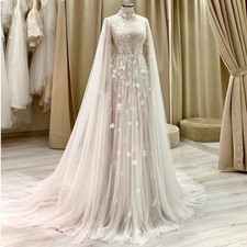 Champagne Long Sleeve Wedding Dresses Lace Appliques High Neck Cape Bridal Gowns
