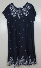J.Jill Womens Large Navy Blue Floral Embroidered Midi Dress Short Sleeve Boho
