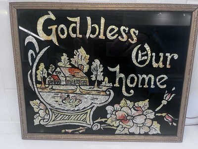 Vintage God Bless Our Home Framed Foil Art