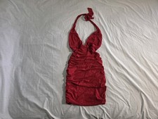 Misty Rose Red Glitter Open Back Ruched Halter Bodycon Mini Dress