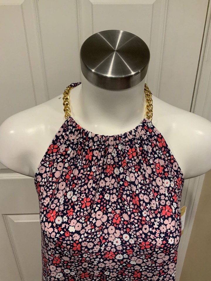 Michael Kors Navy W/ Pink & White Floral Pattern & Gold Chain Dress