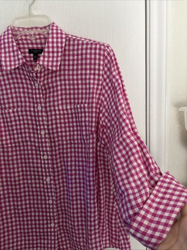 Talbots 100% Linen Button Up Shirt Size Medium Pink/White Gingham Beach EUC - Picture 5 of 11