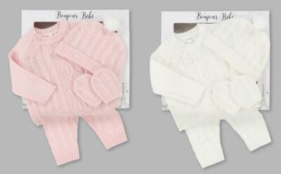 Bonjour Bebe Strickset Pullover/Hose/Mütze & Handschuhe Gr.50 56 62 Rosa Neu