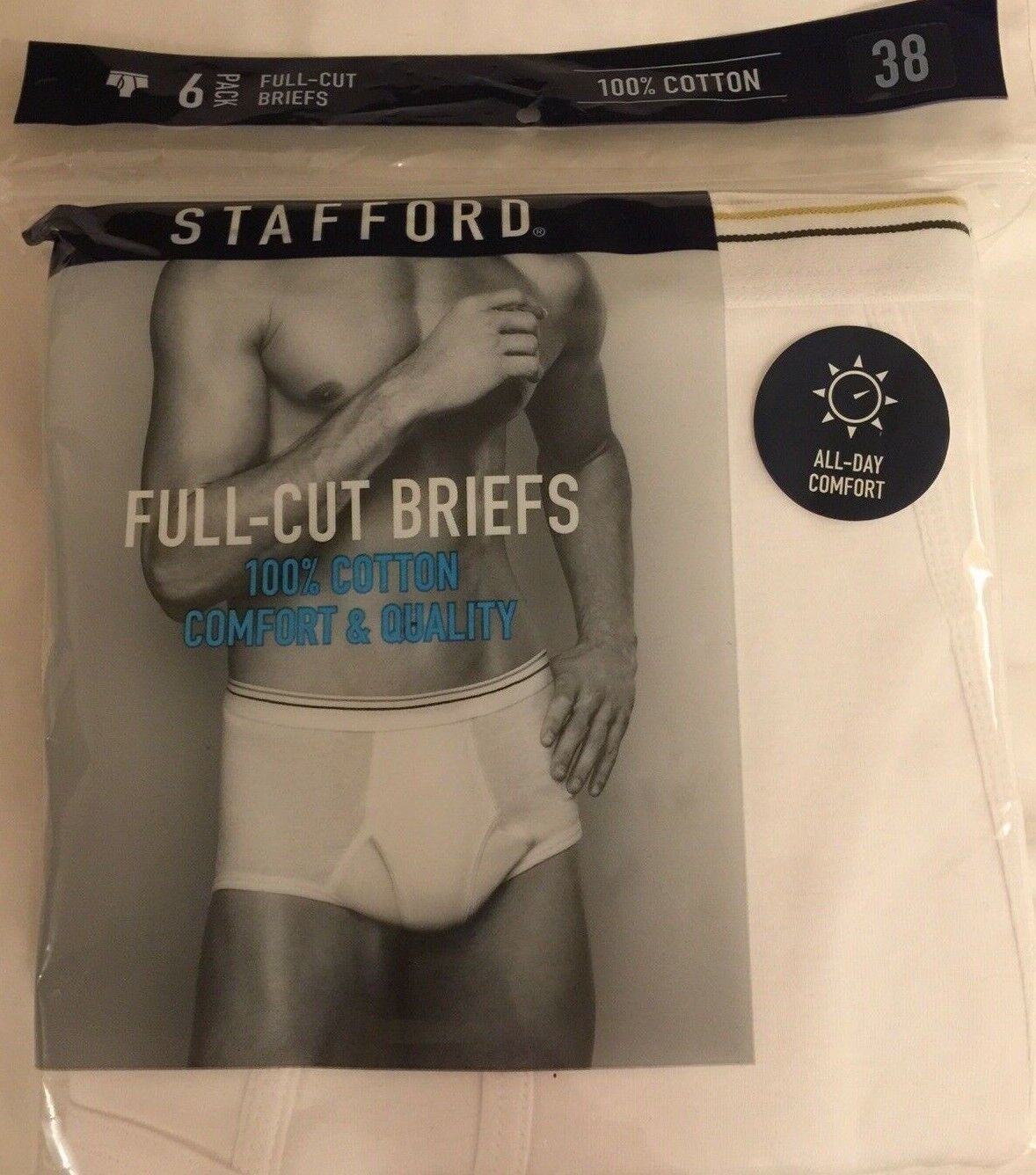 NWT - 6 Full Cut Brief 100% Cotton Stafford Men's Underwear White 38 All Day