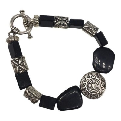 South West Western Style Silver Black Beaded Fashion Toggle Bracelet 7.25''