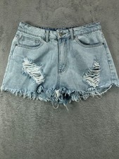 Forever 21 Womens Denim Shorts 28 High Waisted Destroyed Light Blue Jean Cut Off