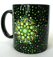 MANDALA~Mug~M WARE~Stoneware~CERAMIC~Black & Green~4"~Textured~DOTTED DESIGN~EC