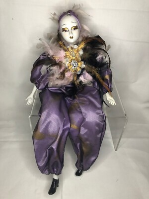 Harlequin Pierrot Porzellan Lila Schwarz 51cm venezianisch Karneval Modepuppe 