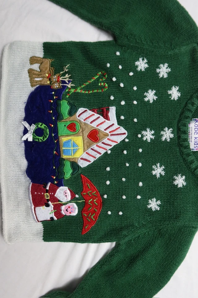 Suéter de Navidad Kobe Kids 4T verde pan de jengibre casa Santa copos de nieve Foto 4 de 4