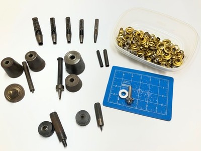 Vtg Grommet/Eyelet Hand Setters: Hole Cutters, Anvils, Spikes + supplies