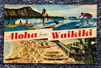 ALOHA FROM WAIKIKI 1971 HAWAII POSTCARD Surfing at Diamond Head