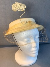 Ladies Ivory Hat Velvet Trim Lace Doily Accents Size 22 Net Veil Vtg