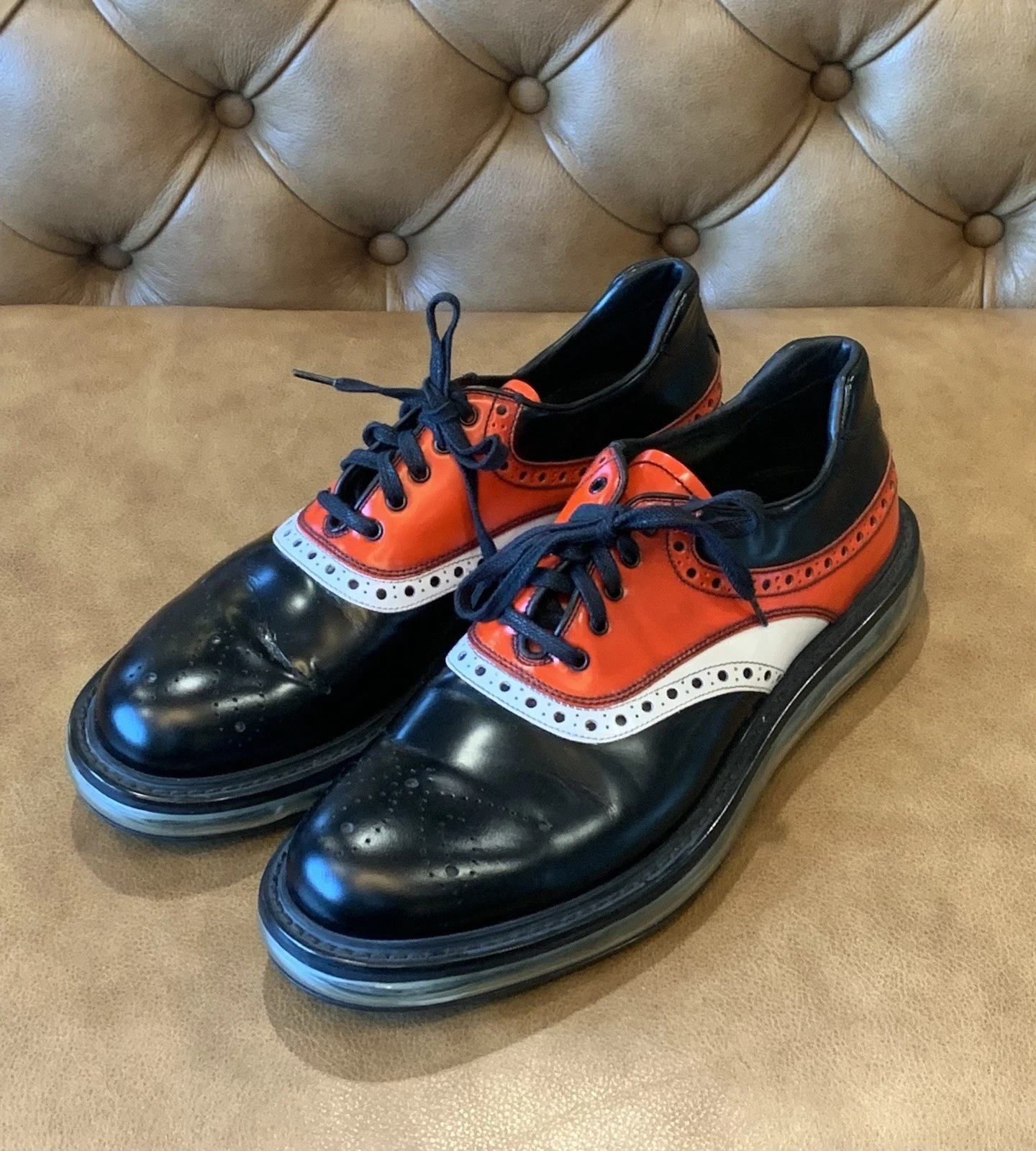 Prada Leather Wingtip Oxford Brogue Black Red White Air Sole Italy Men Sz 8 🇮🇹