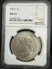 1922- $1 Peace Silver Dollar NGC MS 61 Uncirculated UNC Great Starter Coin!