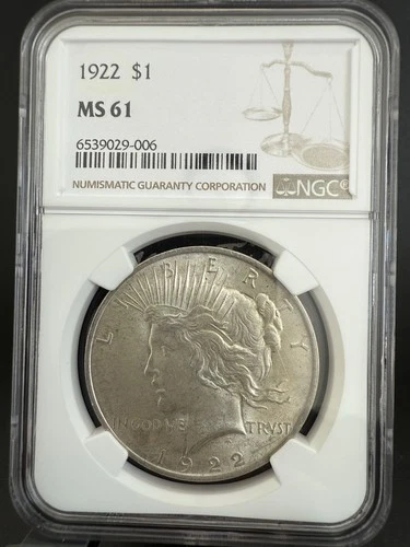 1922- $1 Peace Silver Dollar NGC MS 61 Uncirculated UNC Great Starter Coin!