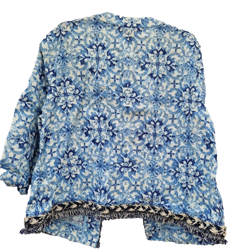 Chico's Women's Printed Floral Mandala Linen Jacket Fringe Detail Blue UK 20 - Picture 2 of 8