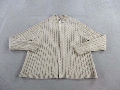 LL Bean Sweater Womens XL Petite Cable Knit Cardigan Full Zip Mock Neck Neutral