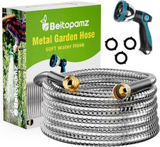 Garden Hose 50 Ft, Stainless Steel Metal Water Hose with Nozzle, Flexible and Du