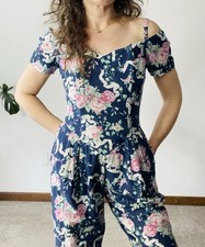 VINTAGE BENSON SMITH Floral Off Shoulder Jumpsuit Size Small Petite 80s 90s