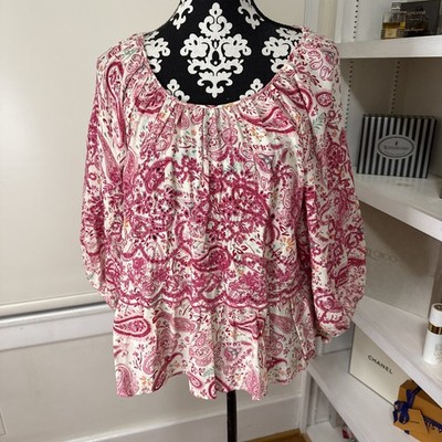 Penelope Rose Pink Paisley Embroidered Eyelet Blouse Top M Shabby Chic Boho