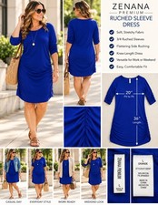 Zenvana Premium Women's L Blue Ruched Mini Dress 3/4 Sleeve b7