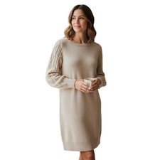Banana Republic Cotton Cable Knit Sweater Dress Beige Crew Neck Womens M