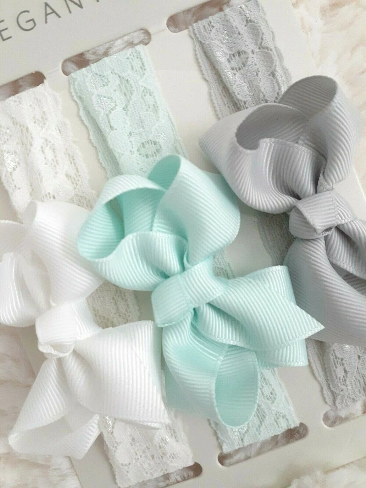 Elegante conjunto de diadema de bebé gris, menta y blanco elástico encaje y lazo 0-12 NUEVO NUEVO CON ETIQUETAS  Foto 2 de 4