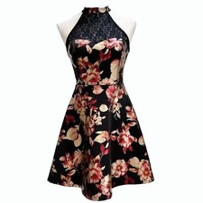 NWT Francesca's Lace and Satin Floral Fit and Flare Tea Length Halter Dress