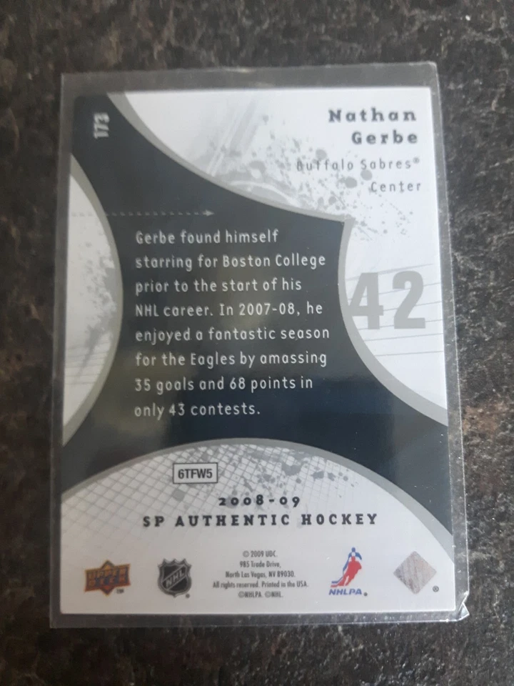 2008-09 Sp Authentic Future Watch Nathan Gerbe Rookie RC 10/999 Card# 173 - Image 2 of 2