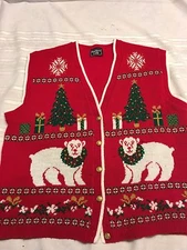 Ugly Christmas Vest Southern Lady Red Polar Bears Christmas Trees  L Lg womens