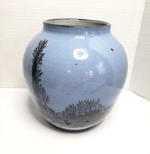 Vintage Art Pottery Signed Planter/Vase 7" Hand Painted Blue Glaze