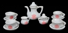 PORCELAIN MINIATURE 13 PIECE WHITE WITH PINK ROSE COFFEE SET NEW OUT OF PACKAGE