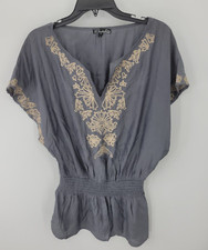 Blusa campesina boho popover bordada gris tostada pequeña semilla mostaza para mujer