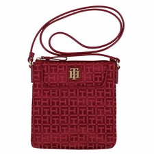 NEW TOMMY HILFIGER METALLIC DARK RED FABRIC,GOLD ACCENT,CROSSBODY HAND BAG