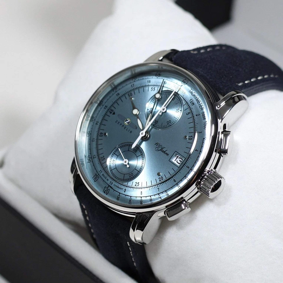 Reloj Zeppelin 8670-4 100 Años Hombre Esfera Azul Acero Inoxidable Correa Cuero Foto 3 de 4