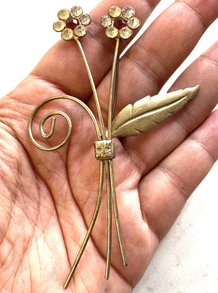 百合の花 4.725 Vintage Floral Brooch Gold Tone Rhinestone Flower Bouquet | eBay