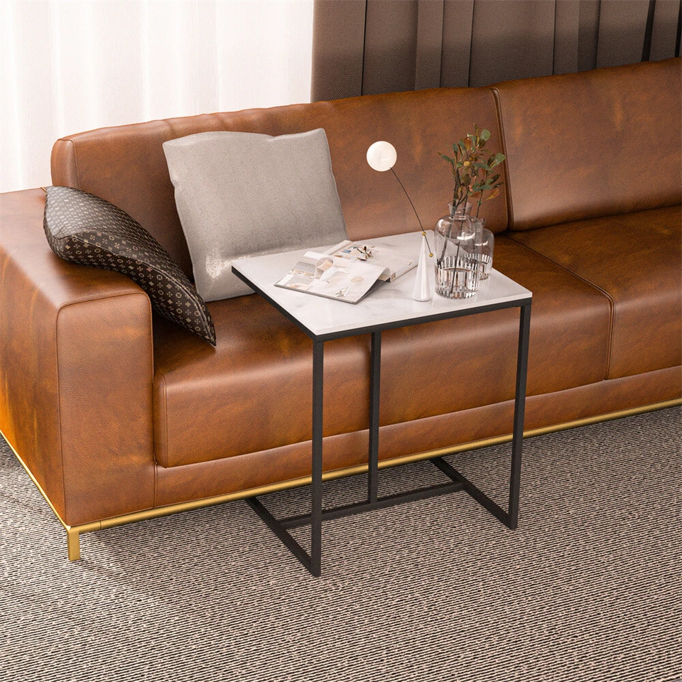 Marble Coffee Table Sofa Side End Table C Shape Bedside Laptop Table White Black - Image 3 of 4