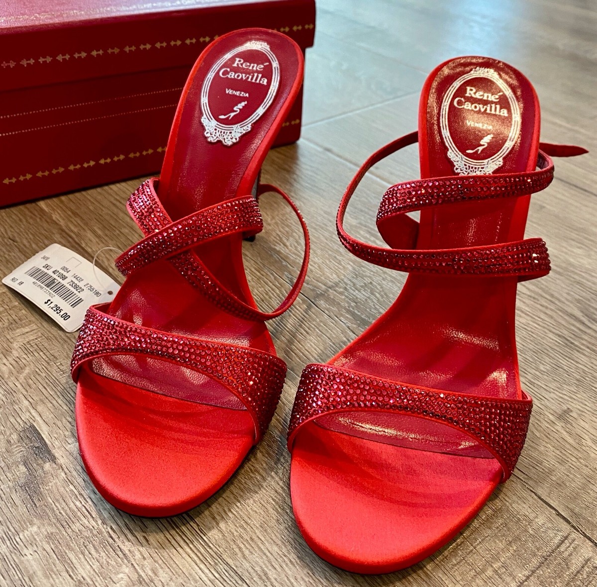 Rene Caovilla Crisscross Crystal Red Satin Scarlet Strass Sandals