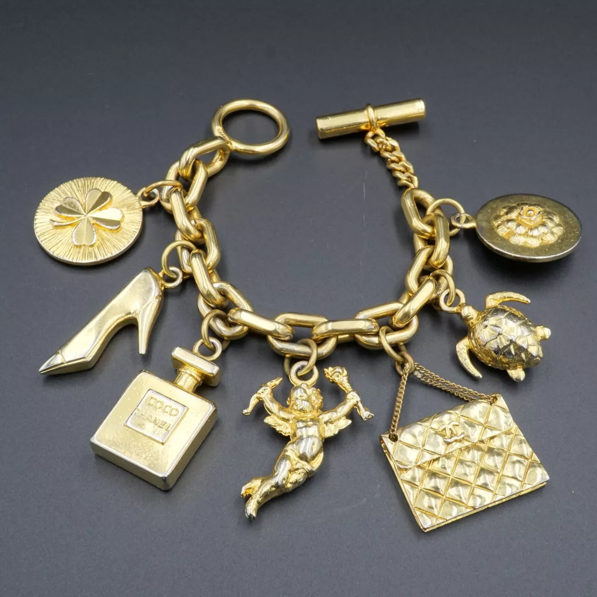 CHANEL 1990's Extra Wide CC Coin Medallion Charm Cuff Bracelet