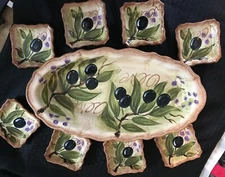 Tabletops Unlimited Olives Hand Painted-Perfect Condition Oval Dish & 8 Plates 