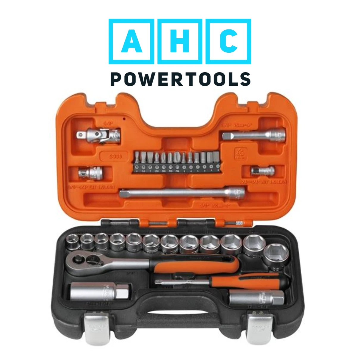 BAHCO S330 Socket Set of 34 Metric 3 8in Drive 1 4in Bits Sparkplug Sockets