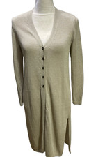 J Jill Cardigan Womens S Long Sleeve Tunic Duster Khaki Button Linenblend V-Neck