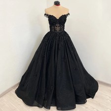 Black WeddingDress Beads Applqiue VNeck Off Shoulder Glitter Tulle Corset Gothic