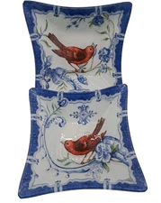 2 Summer Tanager Bird Blue White Glass Floral Trinket Dish Bowls Kate McRostie