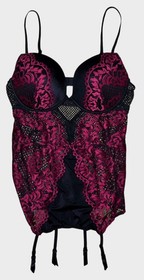 La Senza Black Magenta Lace Mesh Bustier Corset Garter Lingerie New XL XG New